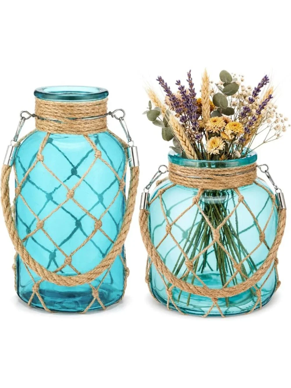 Set of 2 Boho Rope Net Hanging Vases - Rattan & Sea Glass for Beachy Decor